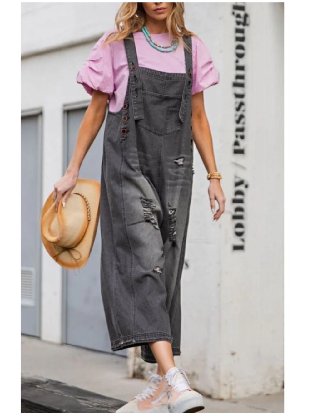 NWT: Easel Distressed Black Vintage Wash Oversized Denim Jumper Overalls•Small - Picture 6 of 6